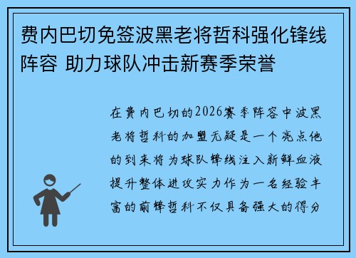 费内巴切免签波黑老将哲科强化锋线阵容 助力球队冲击新赛季荣誉 费内巴切免签波黑老将哲科强化锋线阵容 助力球队冲击新赛季荣誉