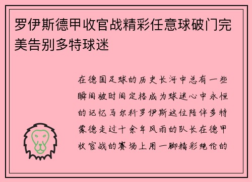 罗伊斯德甲收官战精彩任意球破门完美告别多特球迷 罗伊斯德甲收官战精彩任意球破门完美告别多特球迷